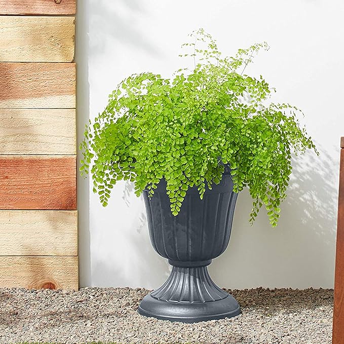 PL00GY Classic Traditional Plastic Urn Planter Indoor/Outdoor, 16" x 18", Gray