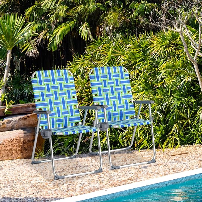 VINGLI Aluminum Patio Lawn Chairs Folding Set of 2 with Detachable Cup Holder, Webbed Beach Chair Folding Chair Outdoor Portable Camping Chair for Yard, Garden Blue alulawnchair
