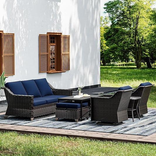 Joyside Wicker Patio Furniture Sets, 7 Pieces Upgraded Large Size Outdoor Furniture with Swivel Rocking Patio Chairs, 3-Seat Sofa, Outdoor Ottoman and Coffee Table, Thick Cushions, Wide Armrest