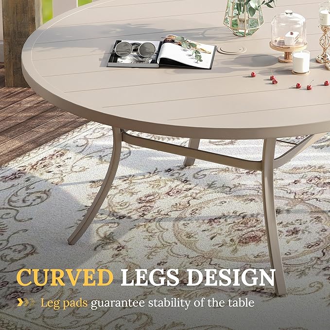 VICLLAX Patio Dining Set for 8, Outdoor Furniture Set Includes 53" Round Patio Table and 8 Patio Sling Chairs, Sandshell Color Tabletop and Fabric