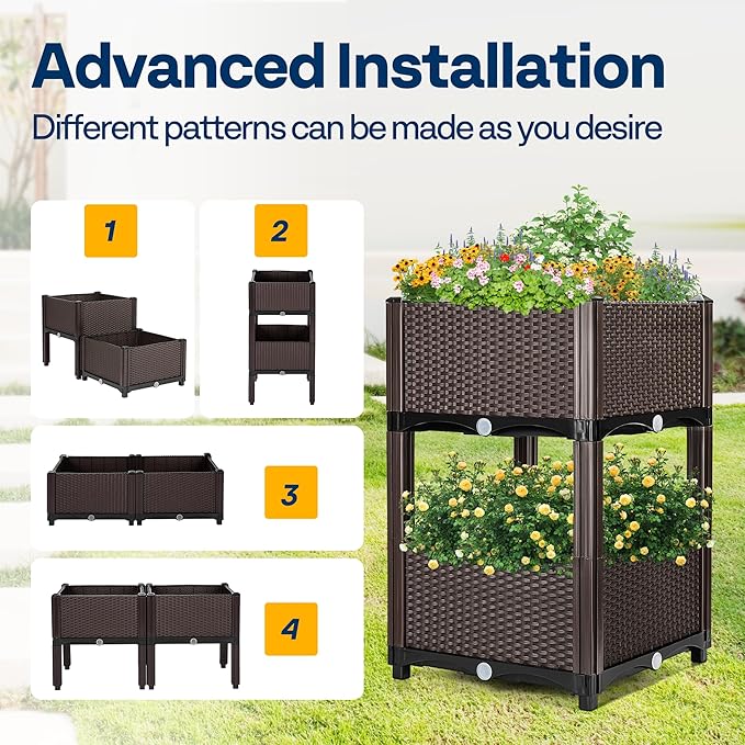 VIVOHOME 2 Packs Elevated Plastic Raised Garden Bed Planter Kit, Outdoor Planters Above Ground Flower Vegetable Standing Planter Box for Patio Deck Porch W/Drainage Holes