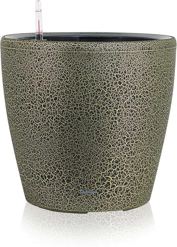 Dexceder 15x14 Self Watering Planter with Wheels Indoor Outdoor, Inner Pot Design, Thickened Large Floor Standing Flower Plant Pot with Water Level Indicator (Black Gold Crackle)