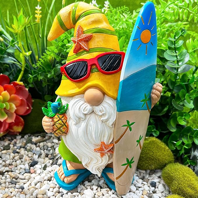 Mood Lab Garden Gnome - Surfer Gnome Figurine - 9.1 Inch Tall Funny Lawn Statue - for Outdoor & House Decor