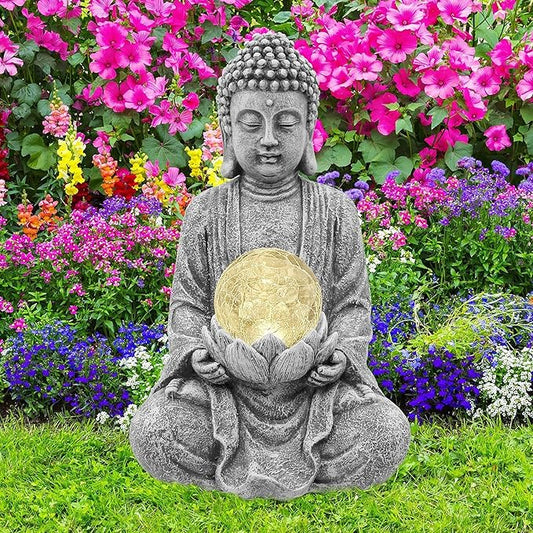 Nacome Meditating Buddha Statue with Solar Light,Zen Solar Garden Buddha with Cracked Glass Ball Sculpture-Indoor/Outdoor Decor for Balcony,Garden,Patio,Porch Yard Art Ornament,Gift