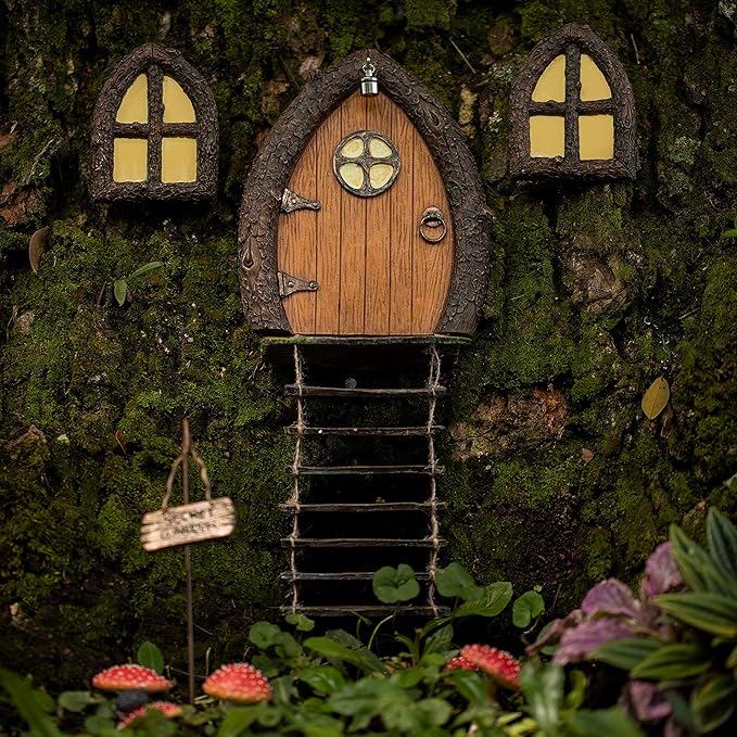 Fairy Door and Windows for Trees – Glow in The Dark Yard Art Sculpture Decoration for Kids Room, Wall and Trees Outdoor | Miniature Fairy Garden Outdoor Decor Accessories with Secret Garden Sign