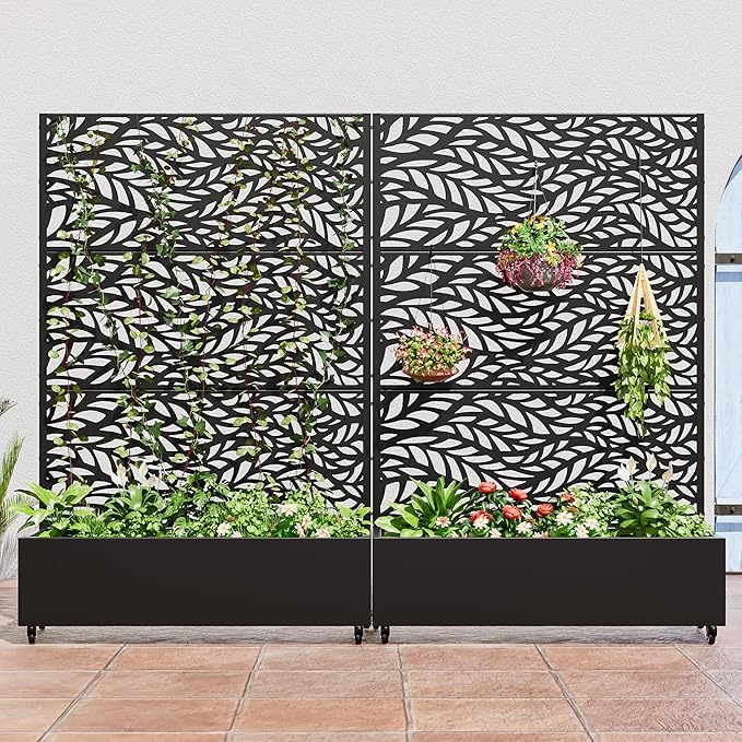 Casaphoria Metal Raised Garden Bed with Trellis and Wheels, 72"x47"x16" Planter Box for Climbing Plants, Vegetables & Vines, Features Drainage Holes and Privacy Screen (Black-Spring)