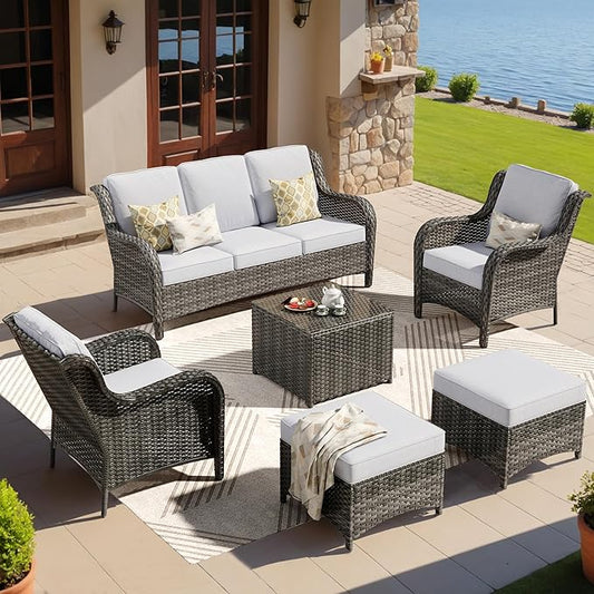 ovios 6 Pieces Patio Furniture Set, Outdoor Wicker Sofas with Glass Coffee Table and Comfy Cushions, All Weather High Back Couch Set for Deck Porch, Grey Rattan, Grey