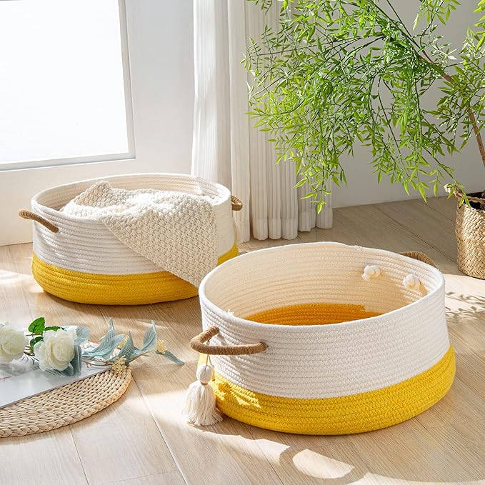 KAKAMAY Woven Baskets for Storage(16"x8"),Blanket Basket for Organizing Living Room,Cotton Rope Basket Woven Baby Laundry Hamper,Collapsible Laundry Room Organization,Clothes,Toy Chest(Yellow)