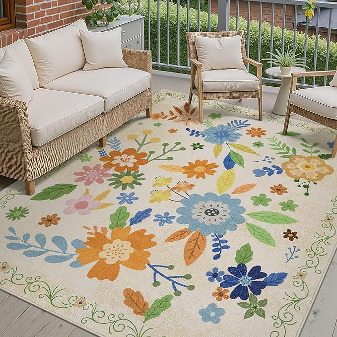 GENIMO Indoor Outdoor Area Rug 5' X 7' Waterproof, Washable Door Mat Non Shedding, Easy Cleaning Floral Outdoor Carpet for Patio, Entryway, Porch, Bathroom, Living Room, Bedroom, Backyard