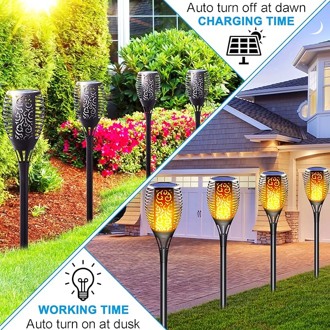 Solar Torch Lights Outdoor, Realistic Flickering Flame Solar Tiki Torches, 3-in-1 Fire Effect Hanging Lanterns with Detachable Hook, Auto On/Off for Garden, Pathway Lighting (4 Pack)