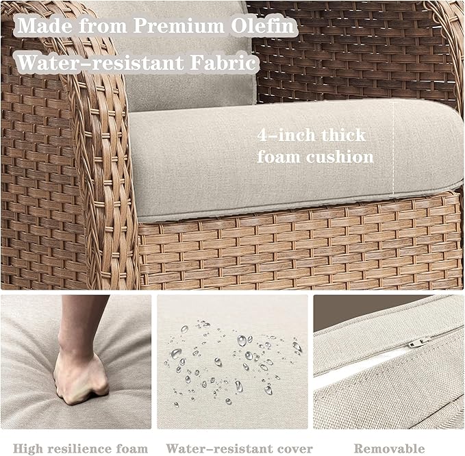 Outdoor Swivel Rocker Patio Chairs - 360 Degree Swivel Glider Seating 350LBS Weight Capacity 3 Piece Wicker Rocking Chairs Set with Side Table for Porch Balcony Deck, Yellow/Beige