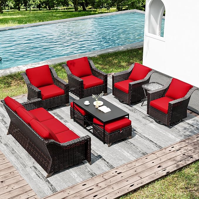 Joyside Wicker Patio Furniture Sets, 9 Pieces Upgraded Large Size Outdoor Furniture with Swivel Rocking Patio Chairs, Patio Dining Chair, 3-Seat Sofa, Outdoor Ottoman, Coffee Table, Thick Cushions