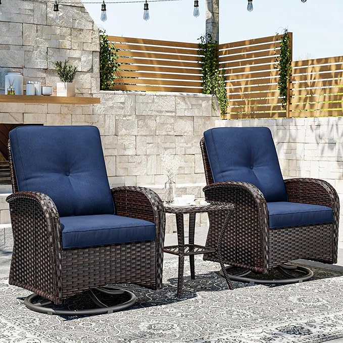 Joyside Outdoor Swivel Rocker Chairs, 3 Piece Wicker Patio Set with Thick Cushion and Side Table, Rattan Patio Swivel Rocking Chairs for Porch, Deck Use (Brown/Blue, 3 PCS)
