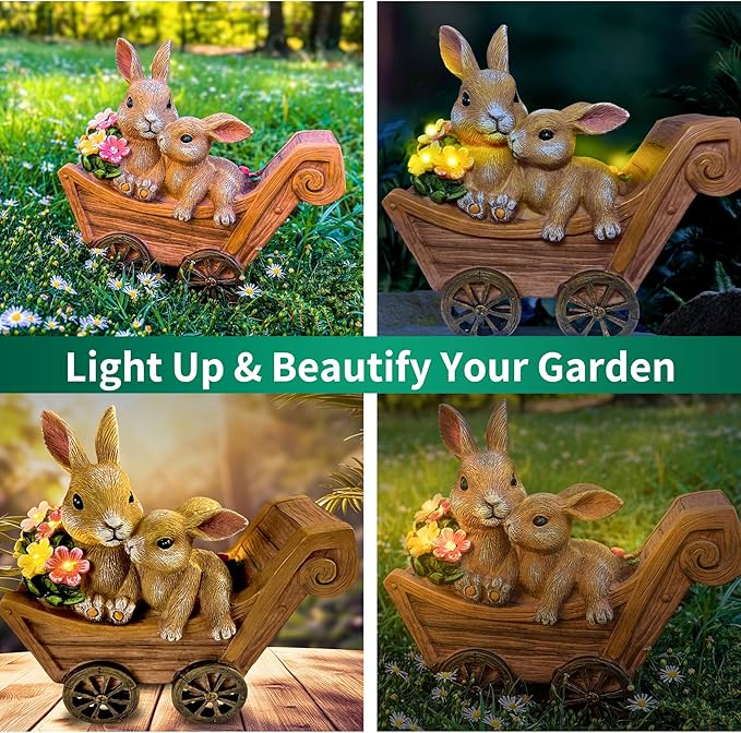 Bunny Solar Garden Statues, Rabbit Decor & Yard Ornaments, Cute Garden Decor for Outside, Gifts for Moms, Solar Figurines Outdoor Statue, Gardening Gifts for Women, Bunnies Ornament - Medium