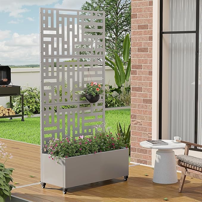 Casaphoria Metal Raised Garden Bed with Trellis and Wheels, 72"x35"x16" Planter Box for Climbing Plants, Vegetables & Vines, Features Drainage Holes and Privacy Screen (Grey-Helen)