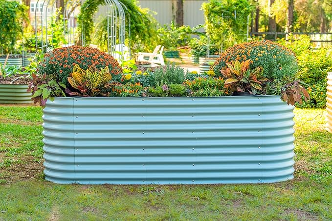 Vego garden 32" Extra Tall Raised Garden Bed Kits, 10 in 1 Modular Raised Planter Box for Vegetables Flowers Fruits Oval Metal Raised Garden Bed, Sky Blue