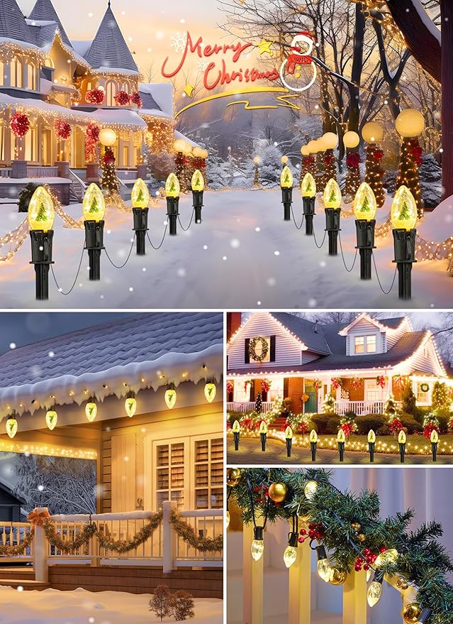 C9 Christmas Pathway Lights Outdoor, 45Ft 40 LED Christmas String Lights with Stakes, 4 Light Modes, Waterproof Connectable Christmas Decorations for Outside Lawn Yard Sidewalk Driveway, Warm White