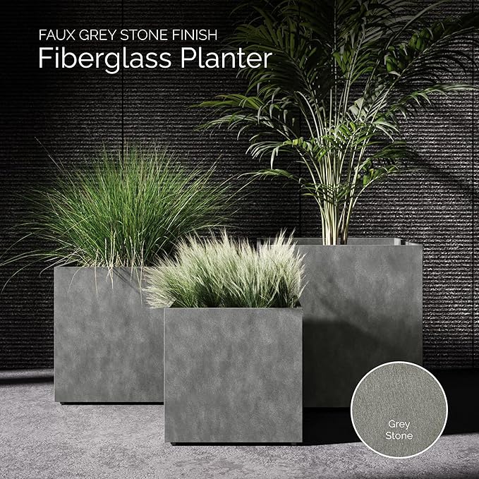 Reglito Cube Planter – Fiberglass Indoor/Outdoor and Weather-Resistant Large Planter (Grey Stone, 27.6" L x 27.6" W x 28.1" H)