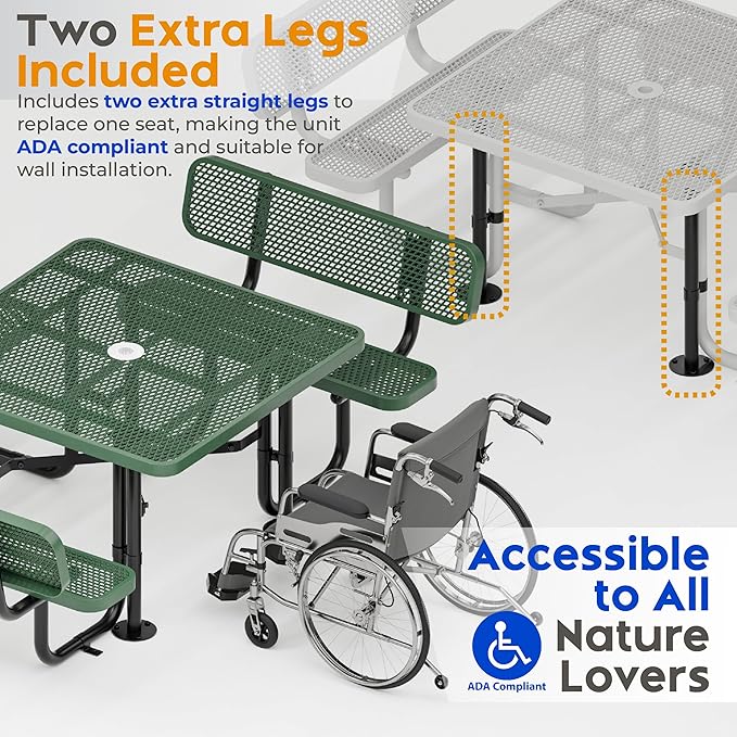 Metal Picnic Tables for Outdoors with Umbrella Hole - Coated Steel Heavy Duty Commercial Grade Table with Adjustable Seats (Green, 46 in, Square with Back, Expanded Steel)