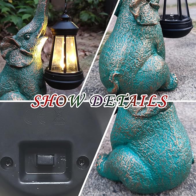 JOYBEE Garden Statues Elephant with Solar Lantern Outdoor Decor-Elephant Solar Figurines Lights Decorations for Patio Yard Lawn Ornaments-Gifts for Birthday Easter Housewarming