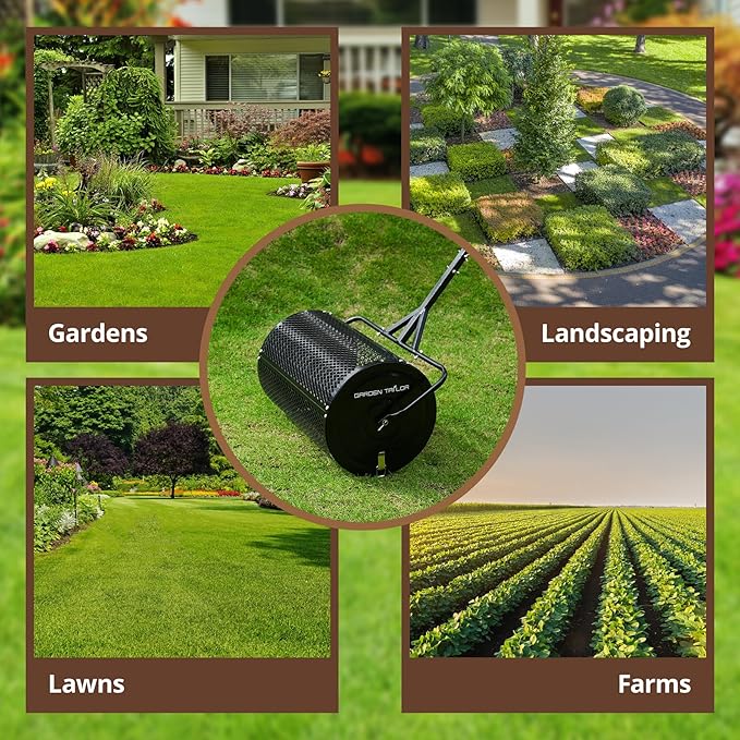 Compost Spreader 30 Inch Peat Moss Spreader with Installation Support Accessories, Metal Mesh Roller Lawn Spreader for Top Soil, Manure, Mulch, Top Dressing - Garden spreaders for lawns