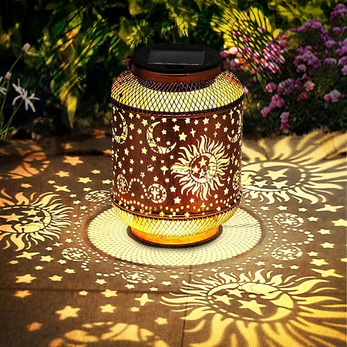 Solar Lanterns Outdoor Garden Decor, Metal Sun Moon Decor Lanterns Birthday Gifts for Women Mom Grandma, Waterproof Hanging Outdoor Solar Lights for Patio, Yard, Lawn, Landscape