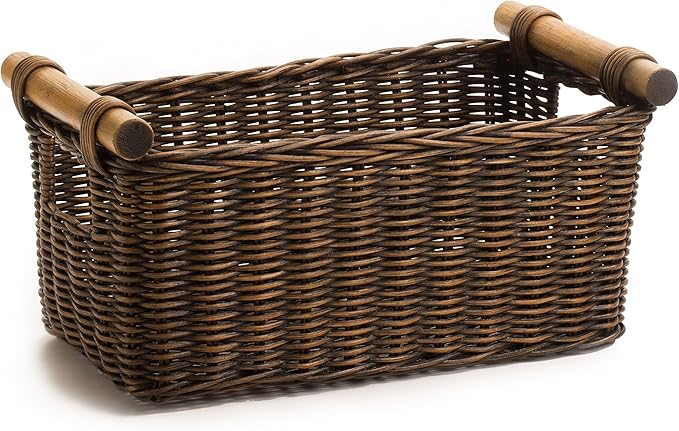 The Basket Lady Petit Pole Handle Wicker Storage Basket, Medium, 12 in L x 6.5 in W x 6 in H, Antique Walnut Brown