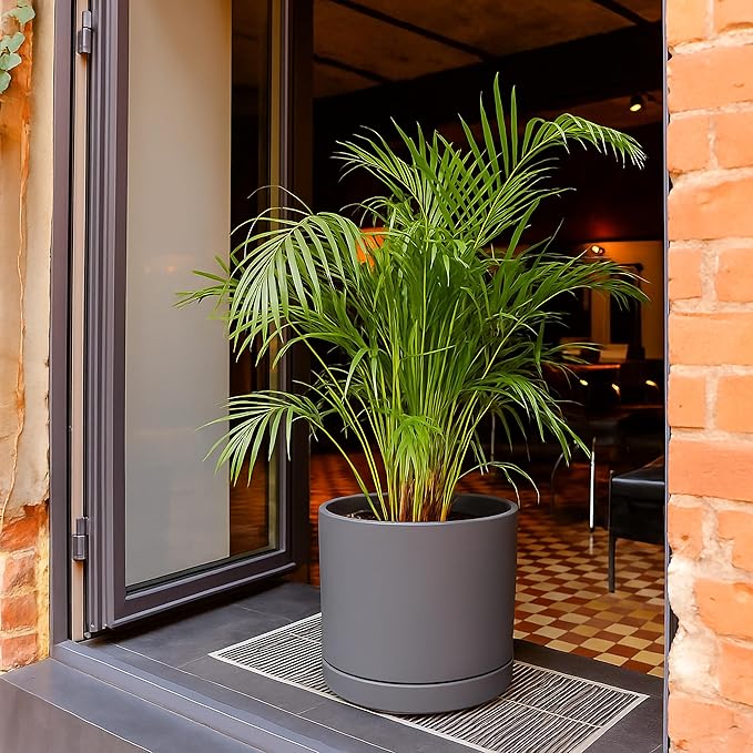 D'vine Dev 14 Inch Ceramic Planter Pot with Drainage Hole and Saucer, Indoor Cylinder Round Planter Pot, Speckled Grey, 94-O-G-3