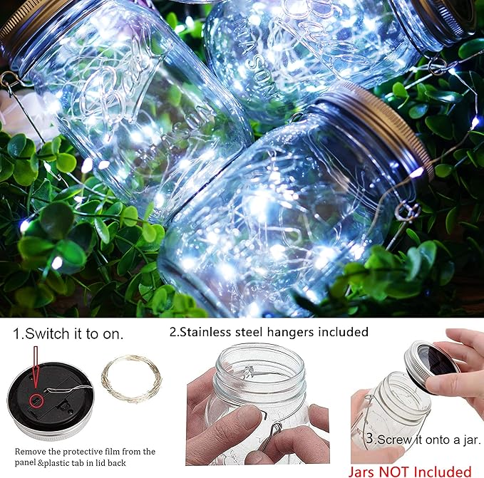 Mason Jars Lids 30 LED 12 Pack Solar Fairy Firefly Lights - Solar Lantern Hanging Lights for Patio Yard Garden Wedding Decorations - Cool White