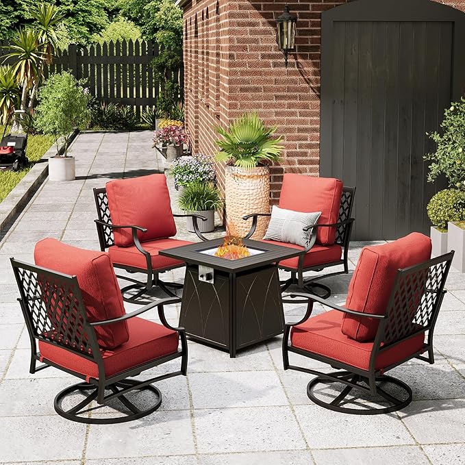 Patio Furniture Set with Fire Pit Table, 5 Pcs Metal Outdoor Conversation Set, 4 Swivel Chairs with 5.75" Extra Thick Cushion and 28" Fire Pit Table for Backyard Deck, Red