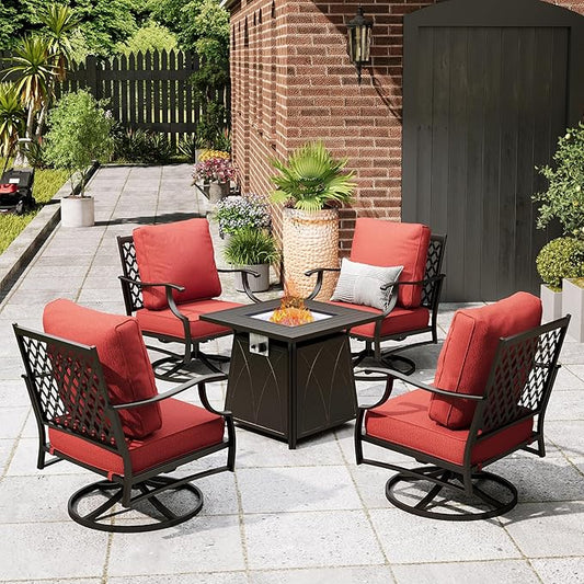 Patio Furniture Set with Fire Pit Table, 5 Pcs Metal Outdoor Conversation Set, 4 Swivel Chairs with 5.75" Extra Thick Cushion and 28" Fire Pit Table for Backyard Deck, Red