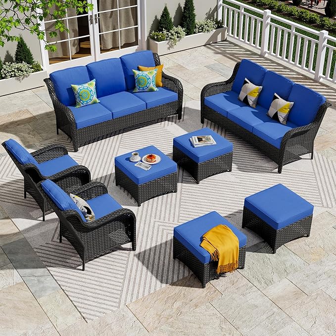 ovios 8 Pieces Patio Furniture Set, Outdoor Wicker Sofas with 2 Chairs, 4 Ottomans and Comfy Cushions, All Weather High Back Couch Set for Deck Porch, Brown Rattan, Navy Blue