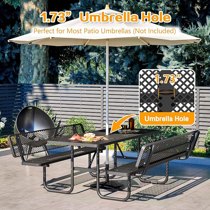 79'' Steel Rectangular Picnic Table for Outdoors, with backrest, Expanded, Lifetime Picnic Table with Umbrella Hole, Heavy Duty Sturdy Commercial Picnic Tables for Garden Courtyard BBQ, Black