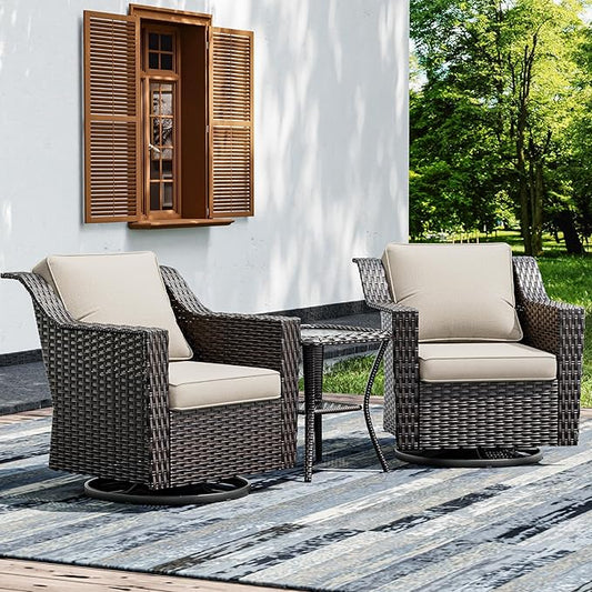 Joyside Wicker Patio Furniture Sets, 3 Pieces Upgraded Large Size Outdoor Furniture with 2 Patio Swivel Chairs and 1 Side Table, Thick Cushions, Wide Armrest
