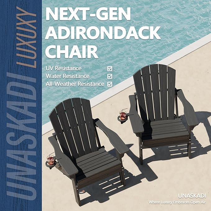 Folding Adirondack Chair with Cup Holder, HDPE All Weather Resistant Plastic Outdoor Patio Chairs, Heavy Duty Fire Pit Seating for Backyard Lawn Garden, Wooden Textured Design(Gray)