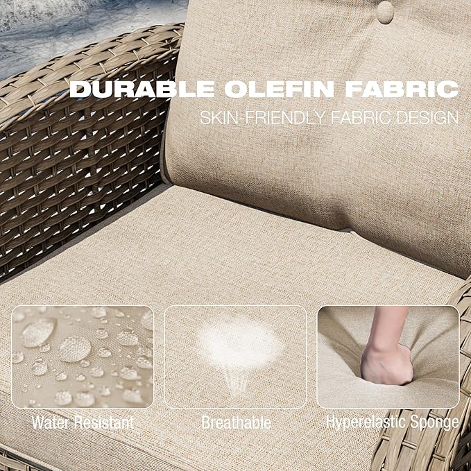 Joyside Outdoor Swivel Rocker Chairs, 3 Piece Wicker Patio Set with Thick Cushion and Side Table, Rattan Patio Swivel Rocking Chairs for Porch, Deck Use (Natural/Beige, 3 PCS)