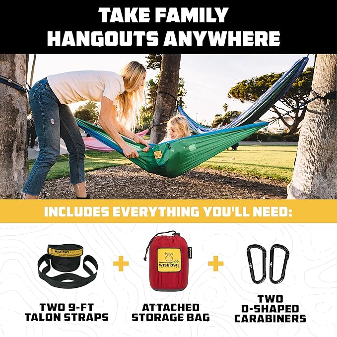 Wise Owl Outfitters Camping Hammock – 500lbs Portable Hammock with Tree Straps - Travel, Backpacking, Hiking, Outdoors Camping Gear - Single or Double