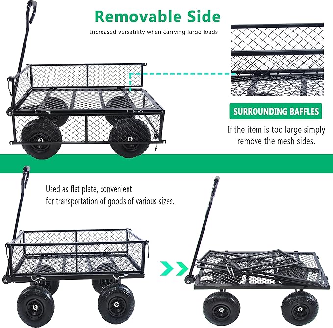 400 Lbs Capacity Mesh Steel Garden Cart Folding Utility Wagon with Removable Sides Multi-Purpose