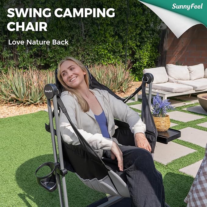 SUNNYFEEL Hammock Camping Chair, Oversized Swinging Camping Chair, Portable Hammock Chairs with Cup Holder, Beach Mat, MAX 300lbs Heavy Duty for Outdoor Travel Lawn Backyard Beach (Black)