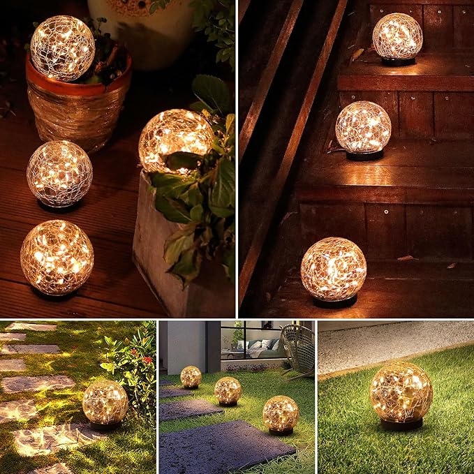Solar Globe Lights Outdoor Waterproof-Solar Balls-Solar Garden Lights-Solar Orbs for Outside 4 Pack Cracked Glass Ball for Lawn Patio Yard Backyard Decorations, DS-XBQ-1-1-1