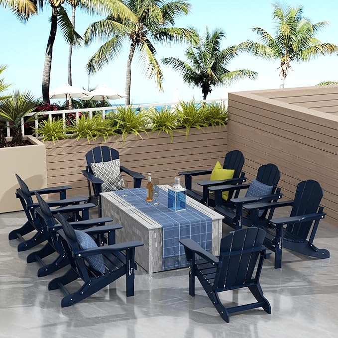 Westin Outdoors Laguna WO Outdoor Adirondack Folding Patio Chairs 8 PCS Set Retro Beach Aesthetic for Backyard, Lawn, Patio, Deck, Garden, Weather Resistant Polyethylene Plastic Lounger (Navy Blue)