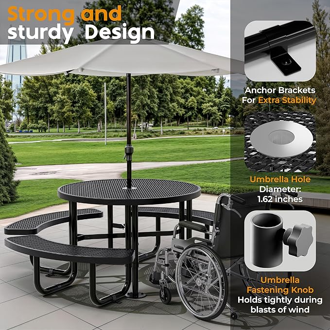 Metal Picnic Tables for Outdoors with Umbrella Hole - Coated Steel Heavy Duty Commercial Grade Table with Adjustable Seats (Black, 46 in, Round, Expanded Steel)