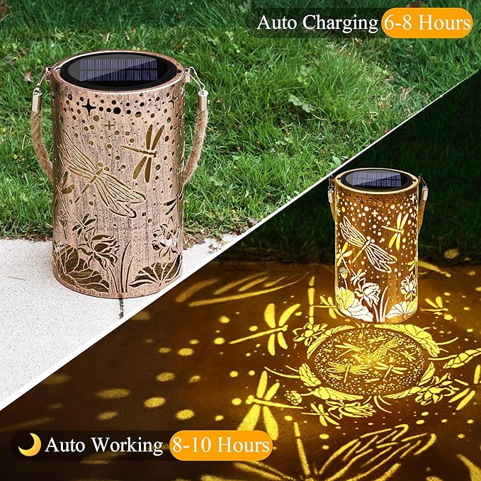 Toodour Solar Lantern Outdoor, Dragonfly Gifts for Women Mom Grandma Hanging Solar Outdoor Lights Waterproof, Hollow Out Retro Metal Dragonfly Lights for Patio, Balcony, Walkway, Yard Decorations