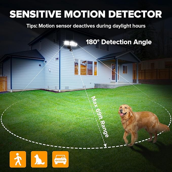 UME 49W LED Security Lights Motion Sensor Light Outdoor, 5000K Daylight, IP65 Waterproof, Dusk to Dawn, 3 Head Motion Detected Flood Light for Garage, Yard, Porch (Black)