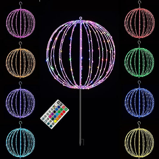 Christmas Ball Sphere, 20IN 200LED Hanging Tree and Pathway Light With Hook and Stake, Foldable Metal Frame Ball for Outdoor Garden, UL Listed, White Frame, RGB