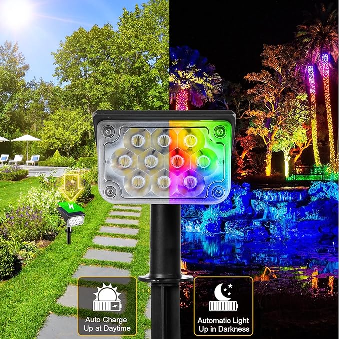 T-SUNUS Christmas Solar Spot Lights Outdoor Color Changing 4 Pack, IP65 Waterproof Solar Landscape Spotlights Garden Pond Lights, 2-in-1 RGB Lighting for Yard Pathway Driveway Walkway Tree Halloween