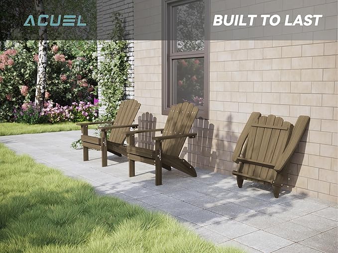 Folding HDPE Adirondack Chair Set of 2, Weather-Resistant Patio Chair with Wide Armrests & High Backrest, Fire Pit Chair for Garden, Backyard, Porch - Light Brown