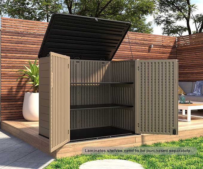 HOMSPARK Storage Shed Weather Resistance, Multi-Purpose Outdoor Storage Cabinet for Backyards and Patios, Horizontal Storage Shed for Lawnmower, Patio Accessories (Coffee, X Large - 48 cu.ft)