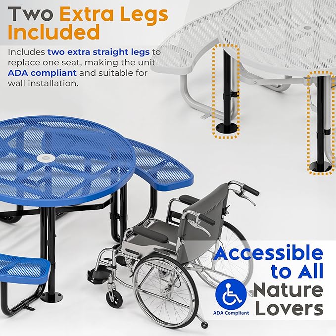 Metal Picnic Tables for Outdoors with Umbrella Hole - Coated Steel Heavy Duty Commercial Grade Table with Adjustable Seats (Blue, 46 in, Round, Punched Steel)