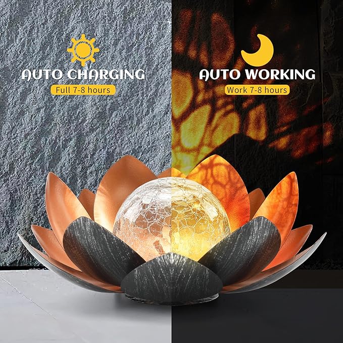 Outdoor Solar Lights, Garden Decor, Crackle Glass Globe, Waterproof Metal Lotus Flower Light for Patio, Lawn, Walkway, Tabletop, Ground